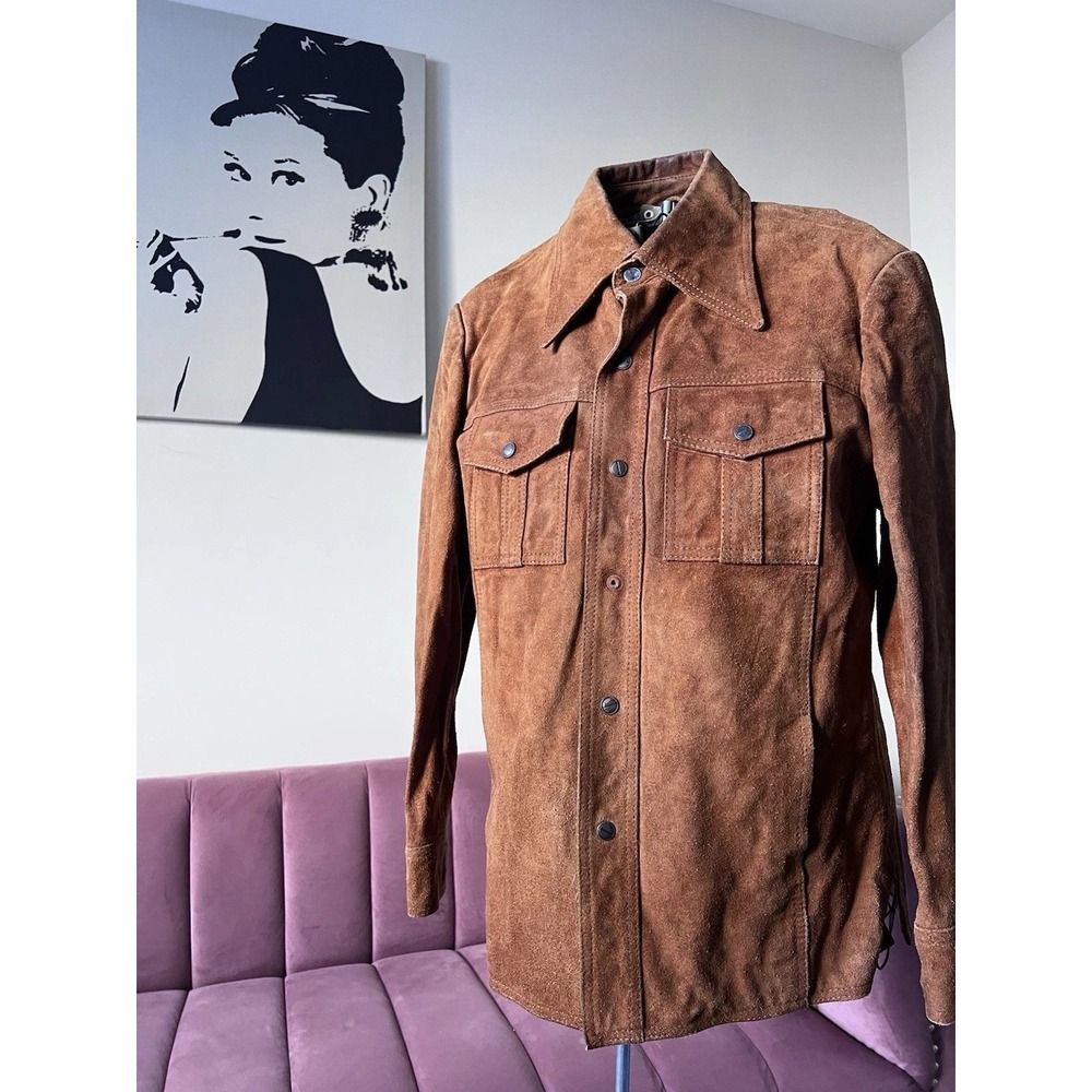 Vintage Kentfield Brown Suede Leather Shirt Jacket Mens Large 70s Split Cowhide
